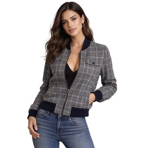 Pendleton Women’s Wool Plaid Bomber Jacket Grey Blue Large Preppy